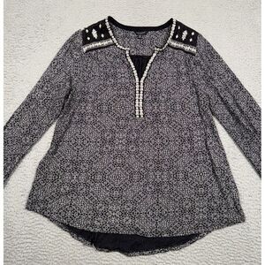 Lucky Brand‎ Black/White Paisley Embroidered Long Sleeves Tunic Blouse Size 2X
